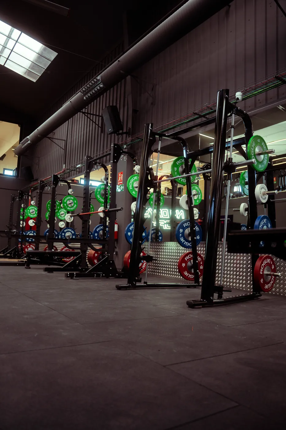 Racks de sentadilla con discos de colores